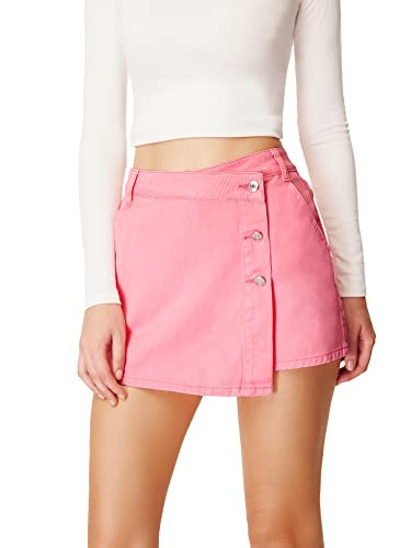 WDIRARA Women's High Waisted Button Front Denim Skort Asymmetrical Hem Skirt Shorts Hot Pink S | Amazon (US)