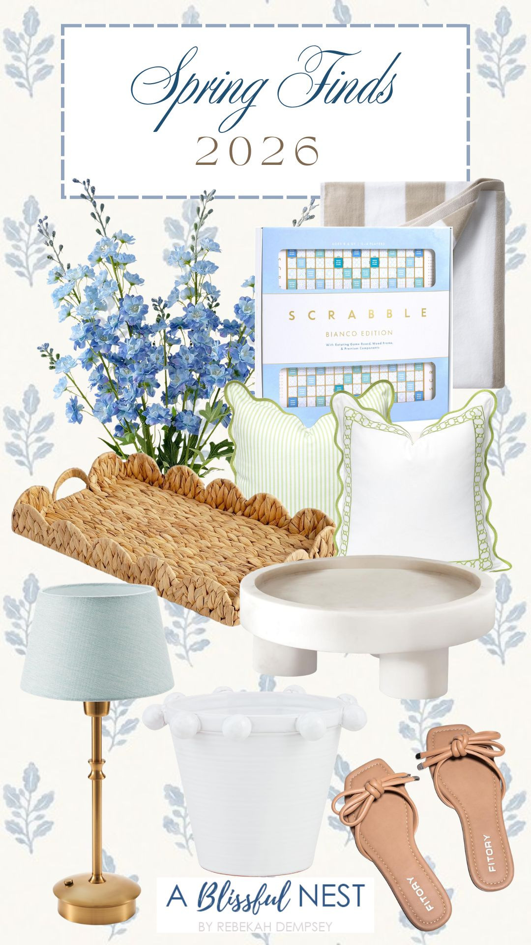 Charming decor pieces that bring a soft spring feel indoors. Tap to browse.
Scrabble wooden board, marble serving tray, beaded planter, brown and white beach towel, blue delphinium artificial flowers, square open toe thong sandals, rechargeable table lamp, scalloped throw pillow, wicker scalloped edge serving tray, green striped scalloped pillow. 

 #LTKSeasonal #LTKHome