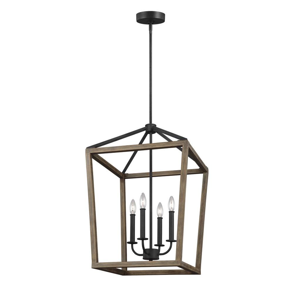 Feiss Gannet 18 in. W. 4-Light Weathered Oak Wood and Antique Forged Iron Chandelier-F3191/4WOW/A... | The Home Depot