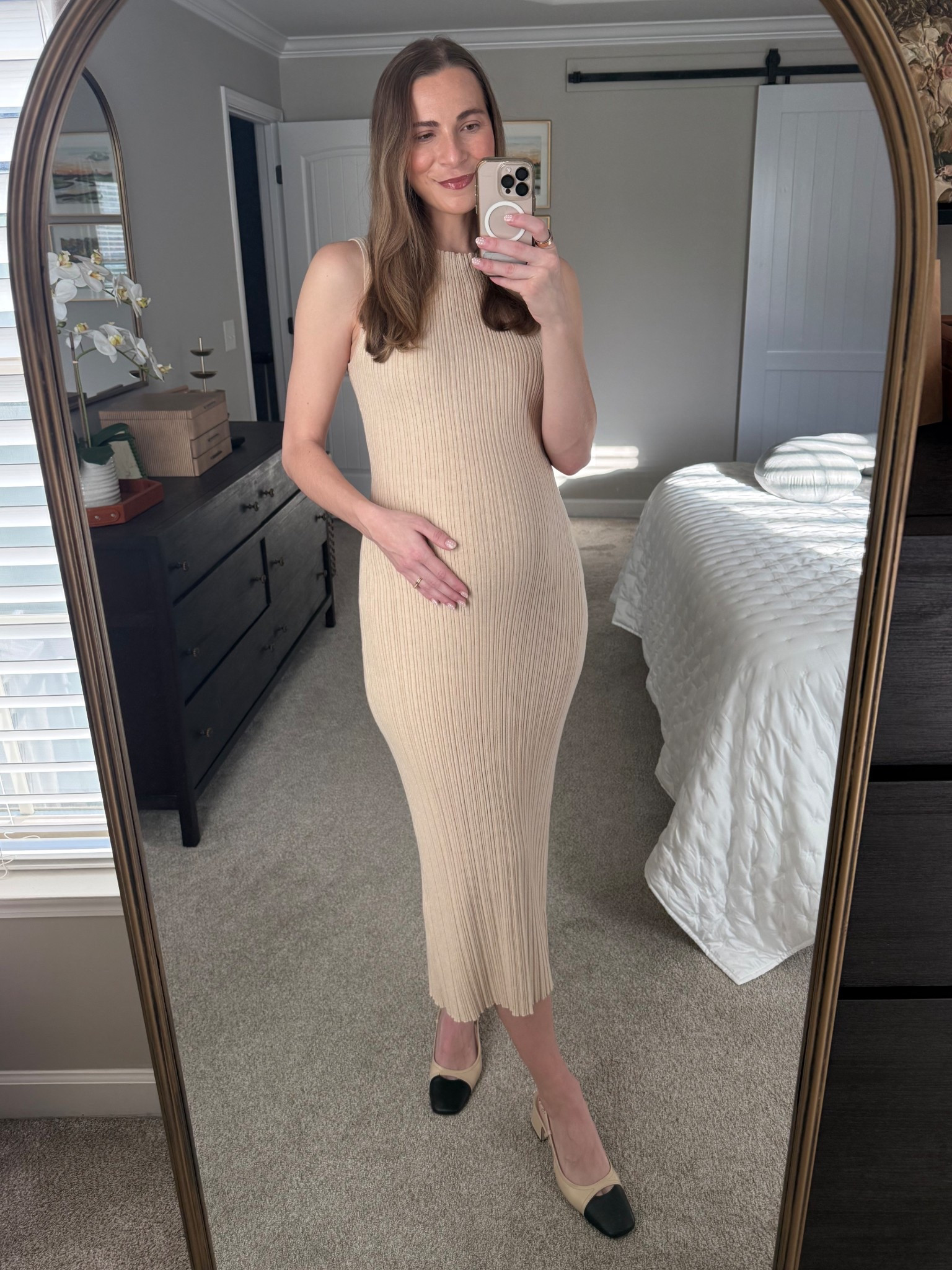 Office Outfit 
Dress is non-maternity. Wearing size small. TTS. Very stretchy. 
Shoes tts. 

#LTKWorkwear #LTKootd #LTKBump