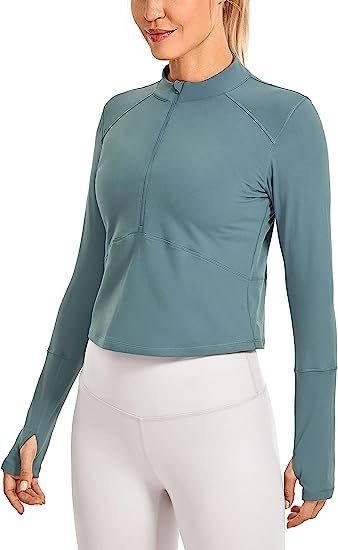 CRZ YOGA Women's Long Sleeve Crop Top Quick Dry Cropped Workout Shirts Half Zip Pullover Running ... | Amazon (US)