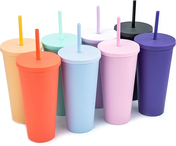 Tumblers with Lids (8 pack) 22oz Pastel Colored Acrylic Cups with Lids and Straws | Double Wall M... | Amazon (US)