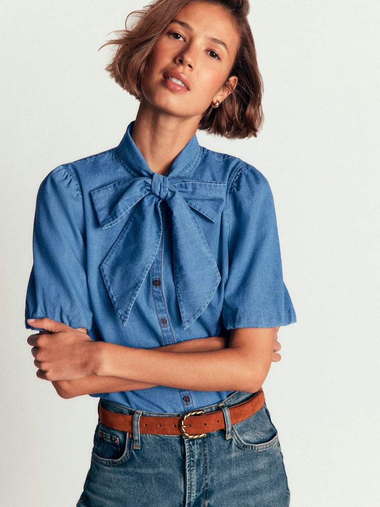 Boden Blue Tie Neck Denim Top | Next US