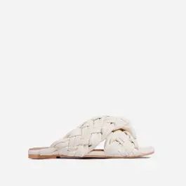 Vista Woven Cross Strap Square Toe Flat Slider Sandal In Nude Faux Leather | EGO Shoes (US & Canada)