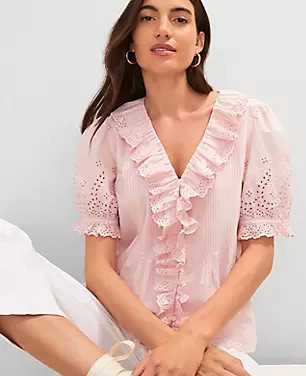 Weekend Collection Embroidered Ruffle Top | Ann Taylor