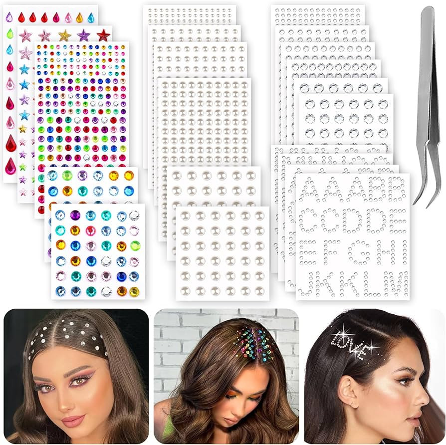 2609 Pieces Hair Gems,Hair Jewels Diamonds and Letters Rhinestones with Tweezers,Hair Pearls Stic... | Amazon (US)