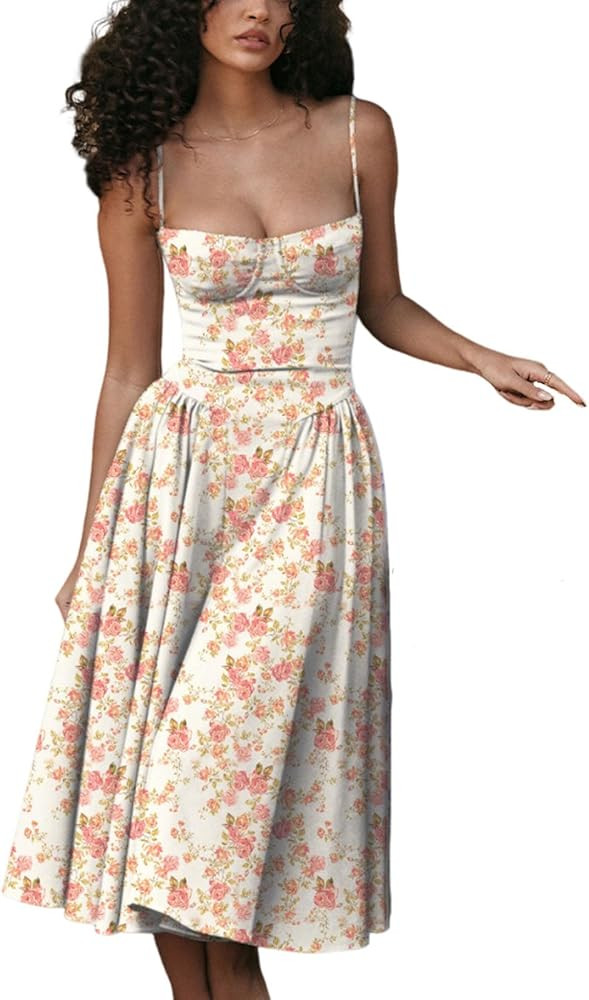 Womens Corset Dress Elegant Spaghetti Strap A-line Dress Sexy Low Cut Midi Dress Flowy Pleated He... | Amazon (US)