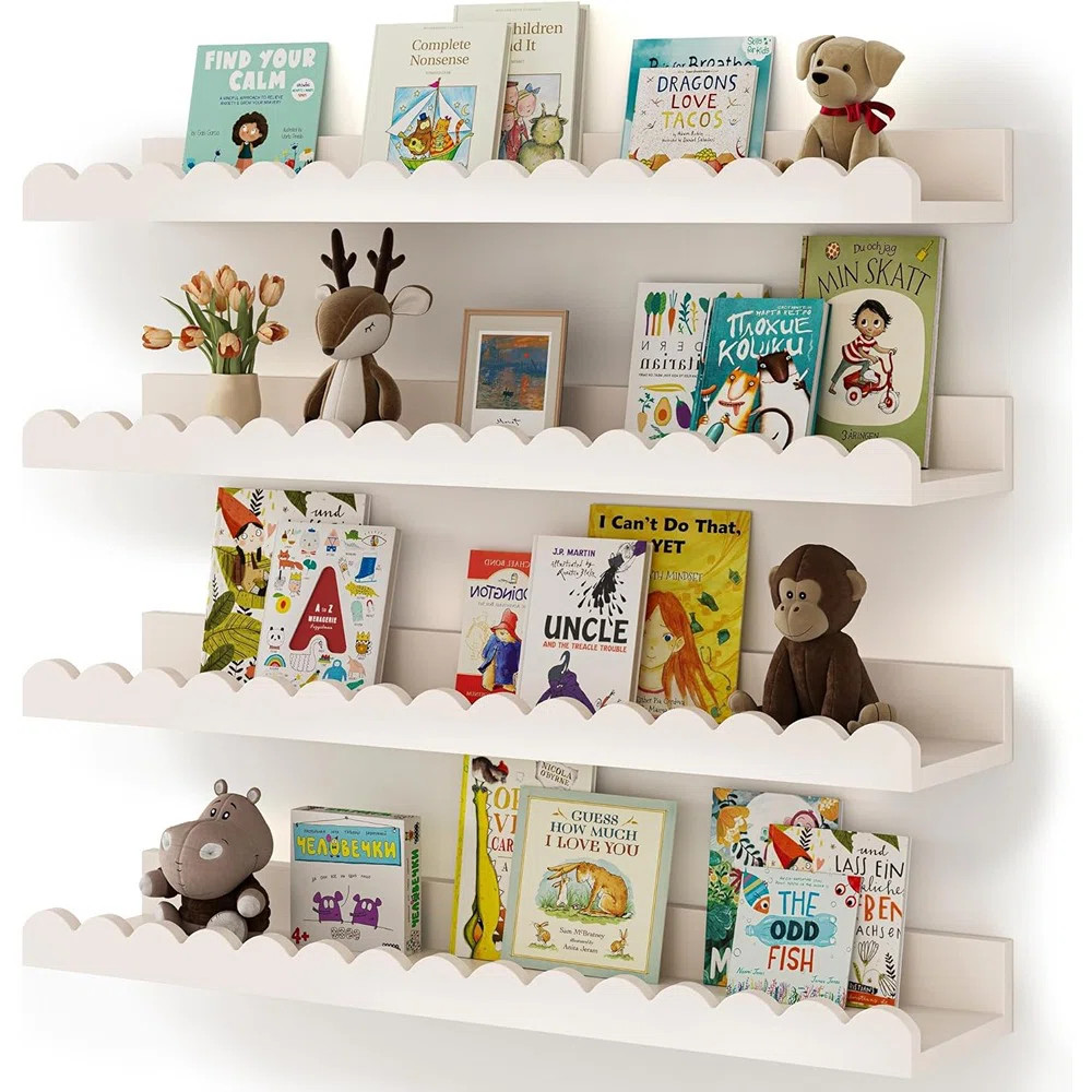 Nursery Floating Book Shelves – 4-pack White Scalloped Wall Shelves For Kids, Toddlers & Baby R... | Wayfair North America