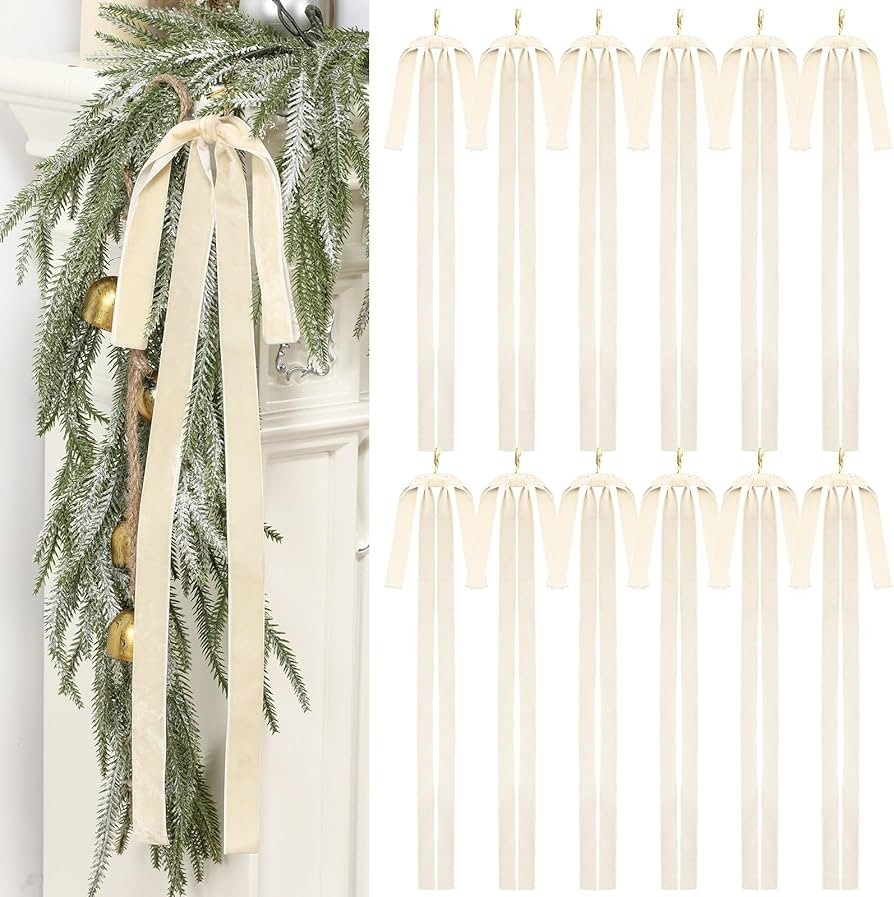 Janinka 12 Pcs Beige Velvet Ribbon Bows Christmas Tree Decorations 23.5x15.5 Inch Rustic Neutral ... | Amazon (US)