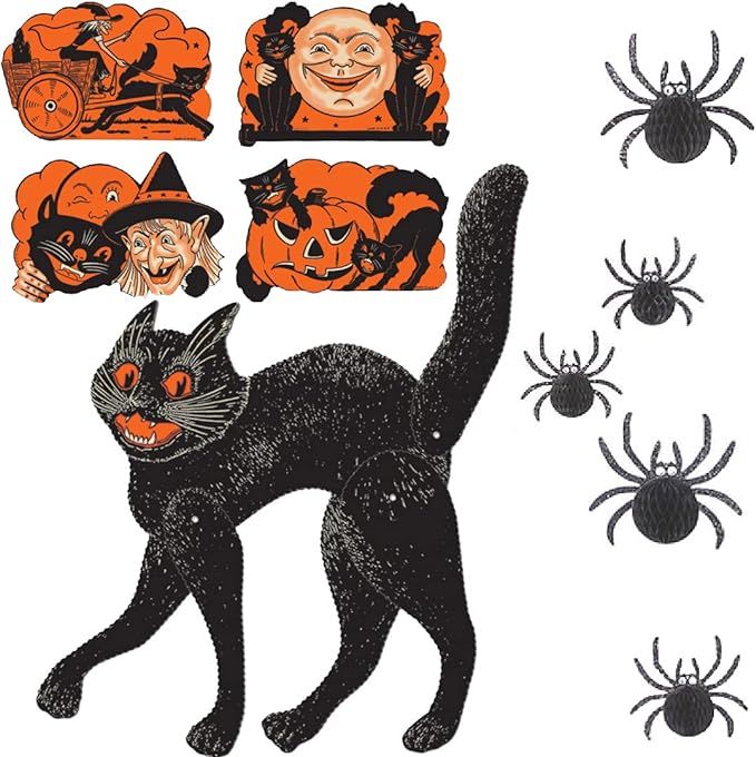 Halloween Cutouts Decorations, Vintage Cut Out Signs, Jointed Black Cat, Honeycomb Spiders, Cardb... | Amazon (US)