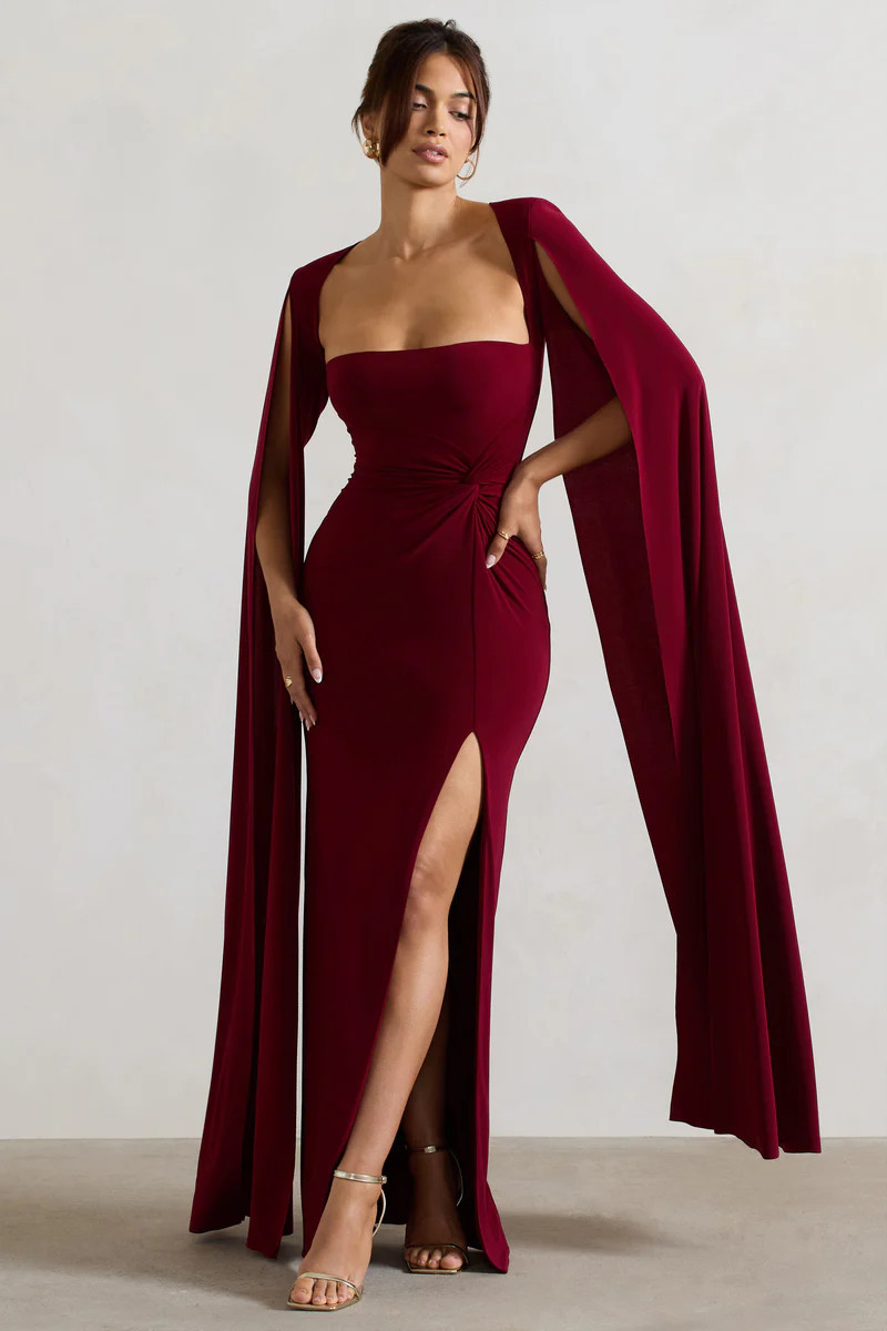 Claretta | Berry Square Neck Twisted Maxi Dress With Cape Sleeves | Club L London