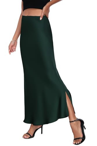 PEIQI 2025 Women's Satin High Waisted Maxi Skirts Summer Fall Silk Cocktail Party Flared Casual A Line Skirt Dark Green X-Large | Amazon (US)