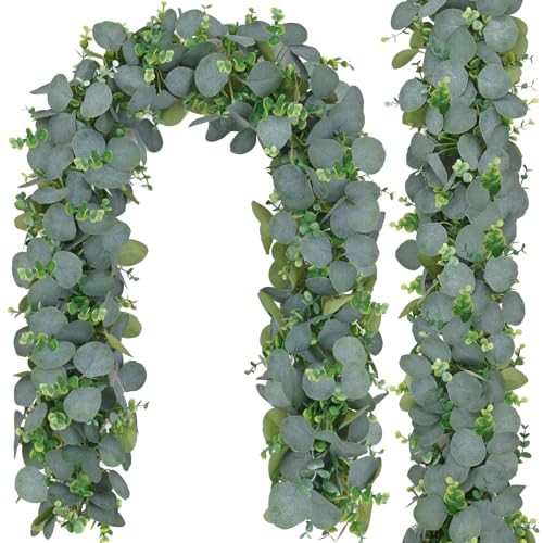 2 Pack Artificial Eucalyptus Garland, Faux Greenery Garland Decor 5.9 FT Green Garland for Table, Fake Hanging Vines Silver Dollar Summer Garland for Mantle Decorations | Amazon (US)