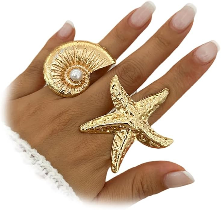 2Pcs Big Statement Gold Conch Starfish Open Ring for Women, Dainty Large Conch Ocean Star Finger ... | Amazon (US)