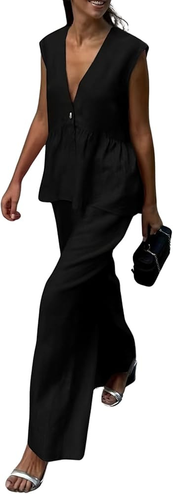 chouyatou Women's Casual 2 Piece Outfits Peplum Ruffle Tank Top Wide Leg Long Palazzo Pants Match... | Amazon (US)