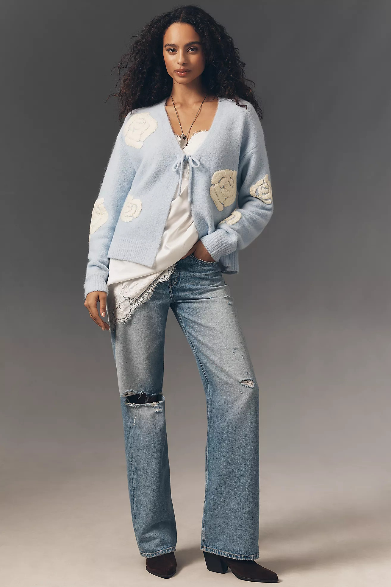 Flat White Embroidered Flower Cardigan Sweater | Anthropologie (US)