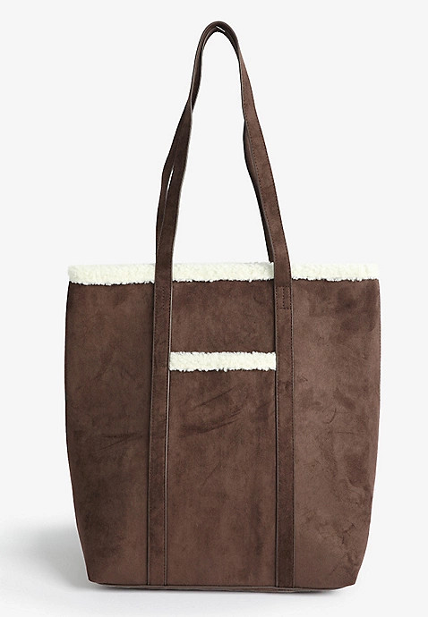 Faux Suede Sherpa Trim Tote Bag | Maurices