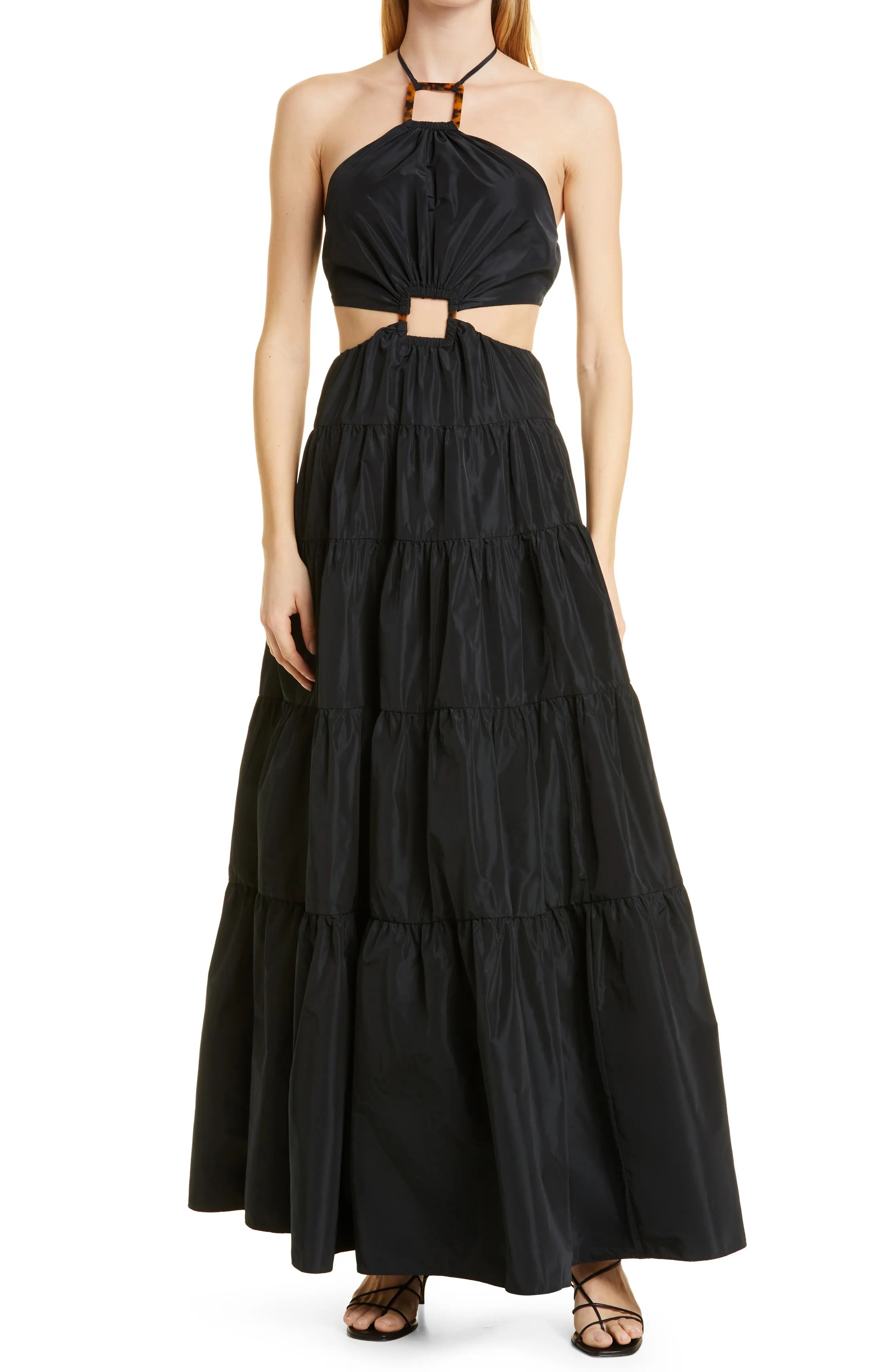 STAUD Dome Cutout Tiered Halter Maxi Dress in Black at Nordstrom, Size X-Small | Nordstrom