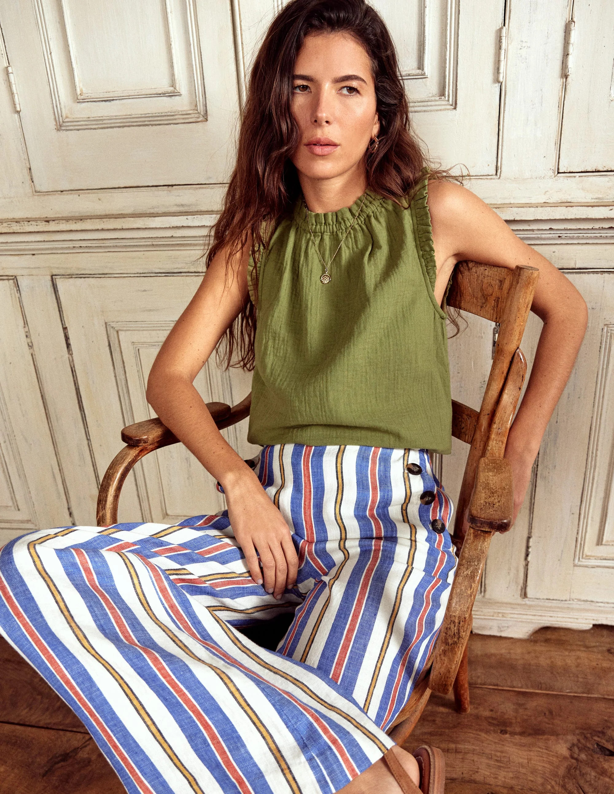 Sophie Ruffle Double Cloth Top-Olive Green | Boden UK