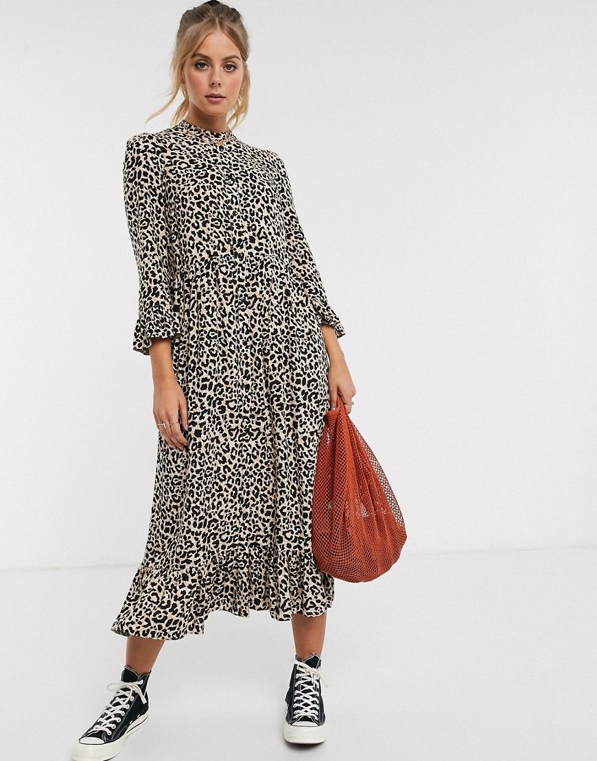 ASOS DESIGN button through tiered smock maxi dress in leopard print-Multi | ASOS (Global)