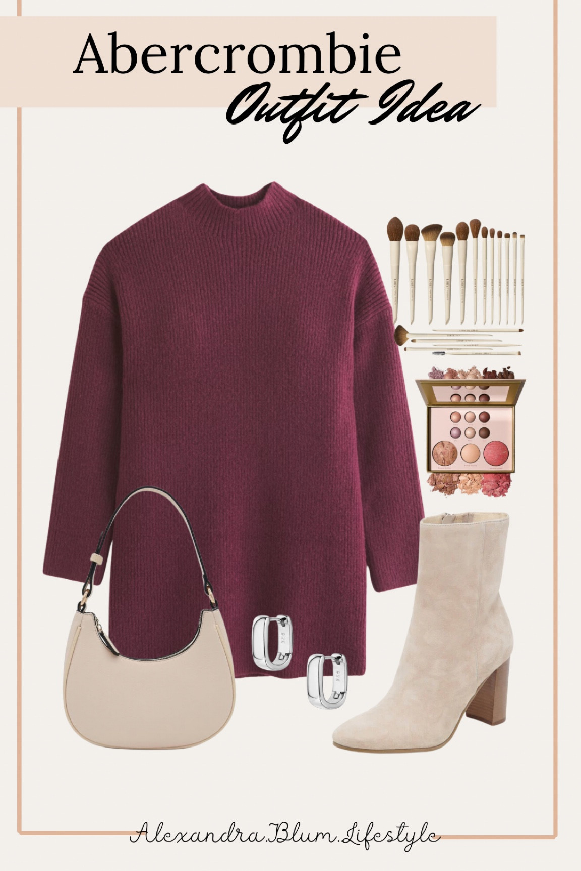 Abercrombie outfit idea! Winter outfit! Winter date night outfit! Church outfit! Thanksgiving outfit! Sweater dress, ivory handbag, stone color boots, silver earrings, and Amazon makeup! Sweater dress outfit! 

#LTKItBag #LTKFindsUnder100 #LTKShoeCrush
