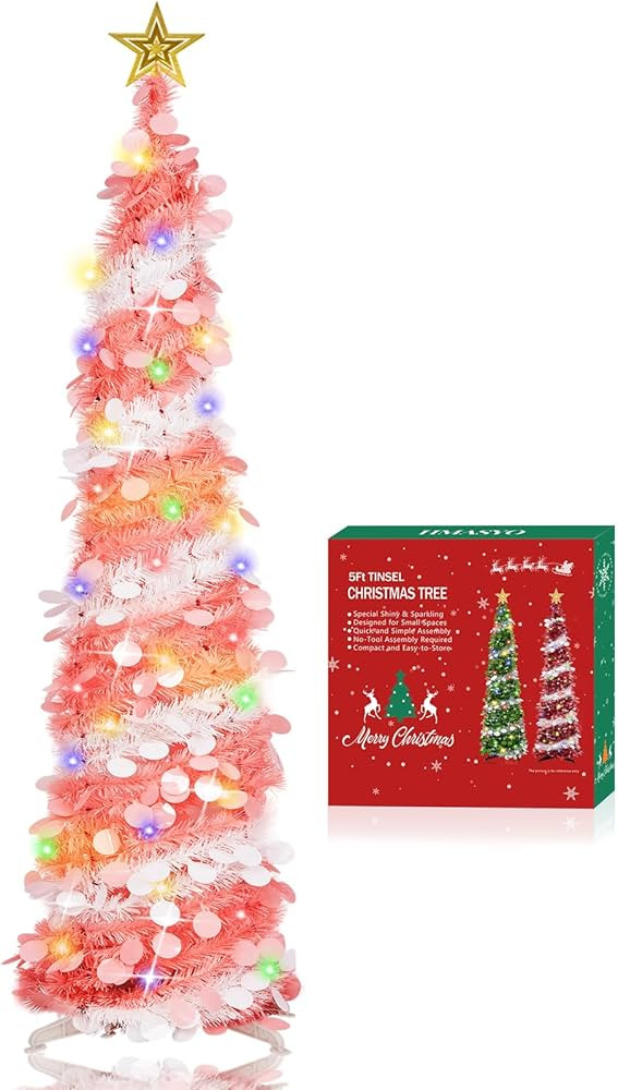 HMASYO 5Ft Tinsel Christmas Tree with 50 LED Colorful Lights - Collapsible Pop-Up Pink Dual Color... | Amazon (US)