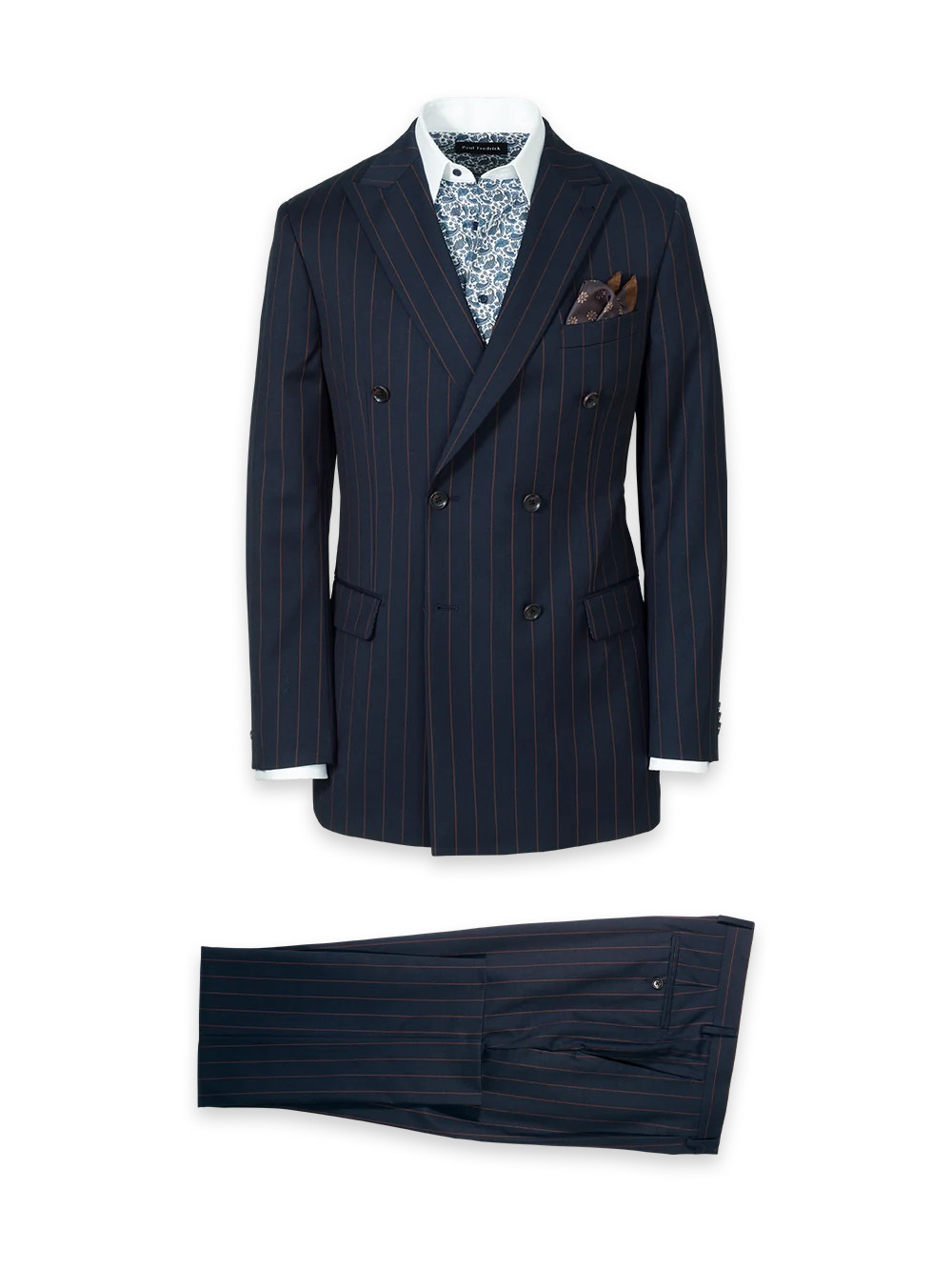 Navy/Brown Wool Stripe Double Breasted Peak Lapel Suit - Navy/brown | Paul Fredrick MenStyle