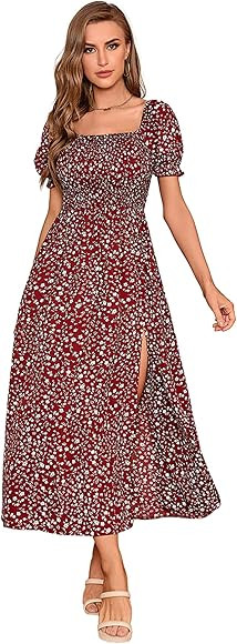 SweatyRocks Women's Ditsy Floral Split Thigh Maxi Dress Puff Sleeve Shirred Bodice Long Dresses B... | Amazon (US)