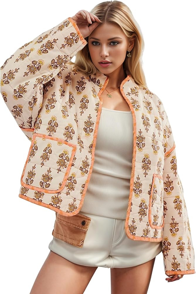 Womens Cropped Quilted Lightweight Jackets Floral Printed Open Front Puffer Coat Cardigan | Amazon (US)
