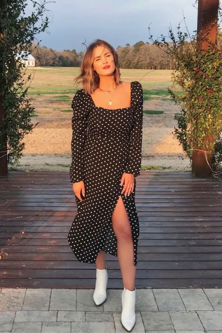 This polka dot midi dress is amazing!!! 

Polka dot dress, midi dress with long sleeves, midi dress with slit, dress with white cowboy boots, outfit with cowboy boots, cowboy boots outfit

#LTKFind #LTKU #LTKunder100