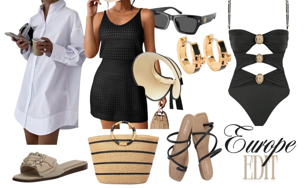 This image showcases a chic summer wardrobe edit, perfect for a stylish European getaway. It features a mix of sophisticated and effortless pieces, including a crisp white oversized shirt, a black crochet cover-up, a cutout one-piece swimsuit, and elegant accessories like statement gold earrings, a straw tote bag, and sleek sunglasses. The look is completed with comfortable yet fashionable sandals, making it ideal for both beach days and city strolls.


#LTKTravel #LTKShoeCrush #LTKSwim