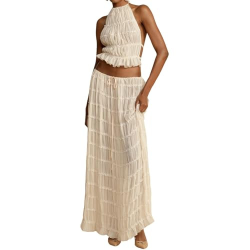 Argeousgor 2 Piece Maxi Skirt Set for Women Lace Up Back Tank Tops Tie Up High Waist Long Skirts Outfits Fairy Vacation Cottagecore Dress | Amazon (US)