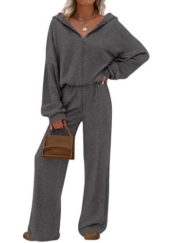 PRETTYGARDEN Women's 2 Piece Fall Lounge Sets 2025 Zip Up Hoodie Wide Leg Pants Tracksuit Matching Travel Outfits Clothes (Dark Grey,XX-Large) | Amazon (US)