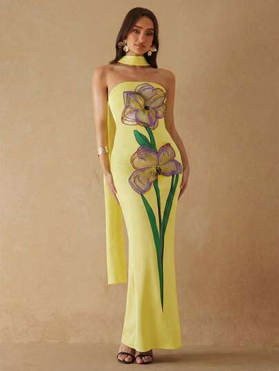 Silquee Women's Elegant Floral Embroidery Split Dress, Summer | SHEIN USA | SHEIN