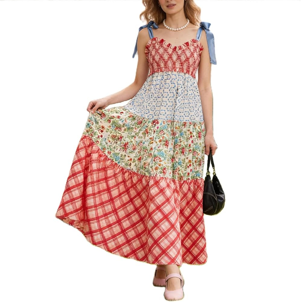Women Summer Dresses Flowy Smocked Maxi Dress Sleeveless Tie Shoulder Boho Dresses Y2K Floral Bea... | Amazon (US)