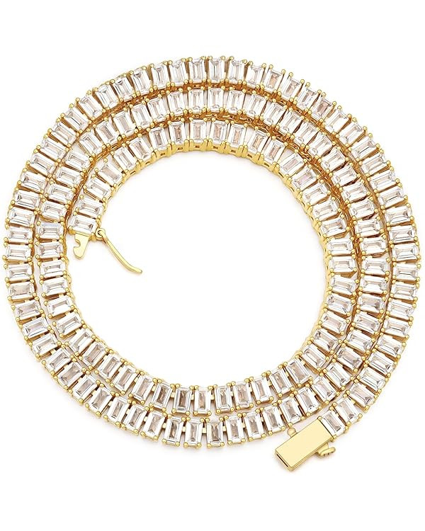 BREN Baguette Tennis Necklaces for Women Men - White/Yellow Gold Plated Cubic Zirconia Tennis Cha... | Amazon (US)