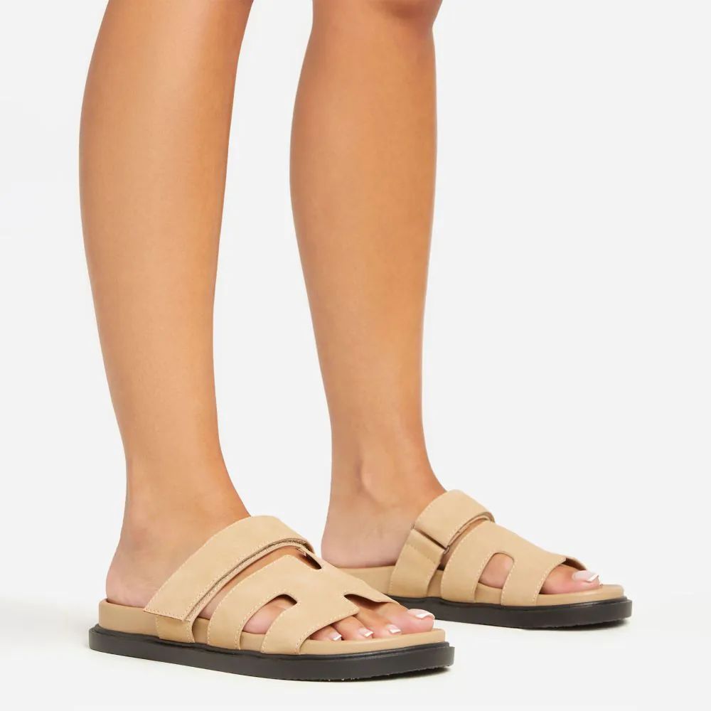 Valerie Gladiator Velcro Strap Flat Slider Sandal In Nude Faux Suede | Ego Shoes (UK)