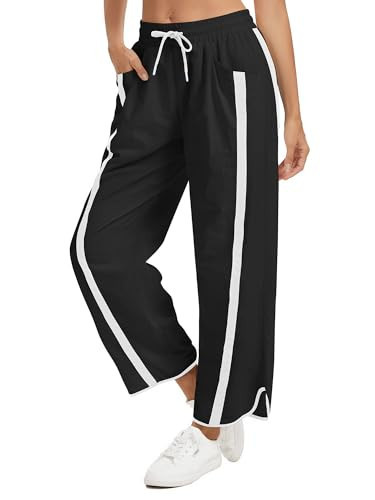 TWQTWQ Women's Wide Leg Track Pants Baggy Drawstring High Rise Side Striped Casual Lightweight Parachute Pants with Pockets(Black,Small) | Amazon (US)