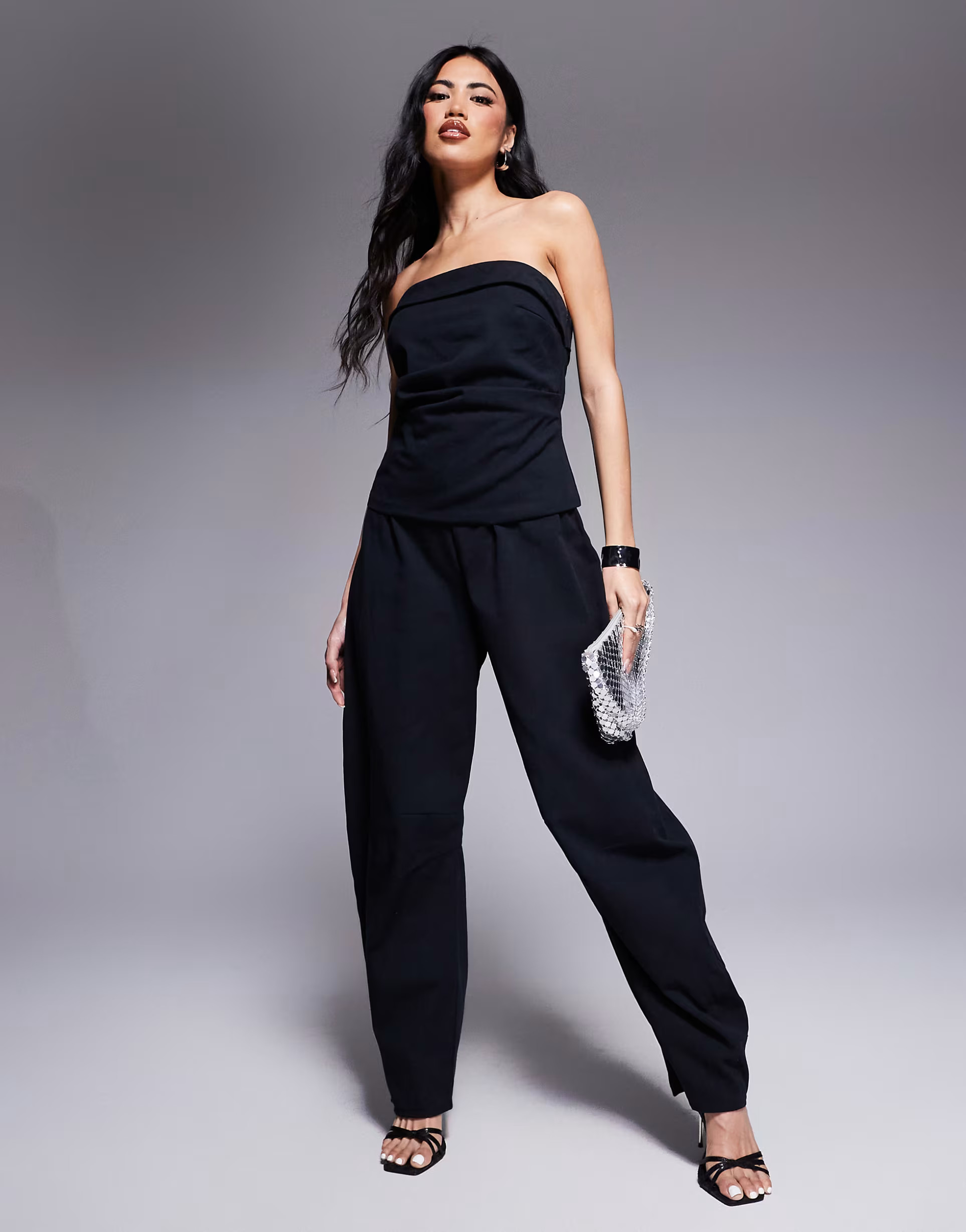 ASOS DESIGN bandeau barrel leg jumpsuit in black | ASOS (Global)