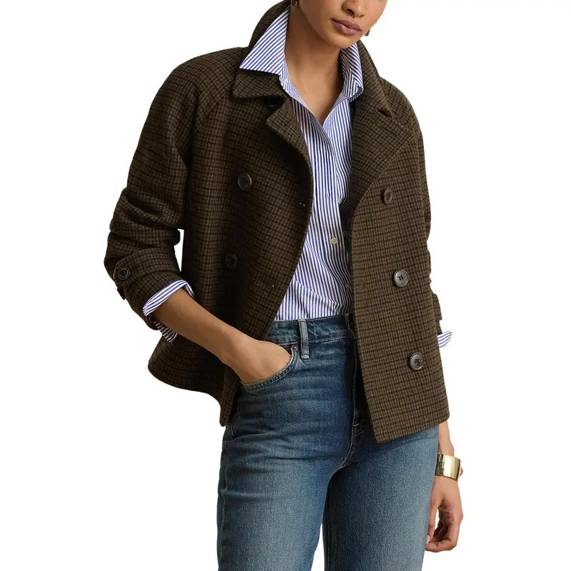 Lauren Ralph Lauren Double Breasted Wool Blend Crop Coat in Camel/Cream/Plaid at Nordstrom, Size 2 | Nordstrom