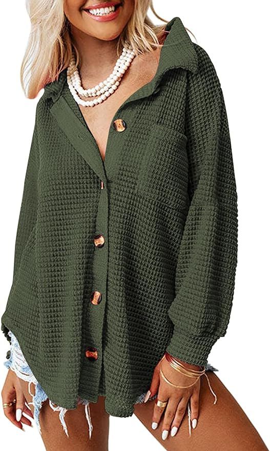 AUTOMET Womens Shackets Waffle Knit Casual Jackets Button Down Flannel Shirts Dressy Tops Fall Cl... | Amazon (US)