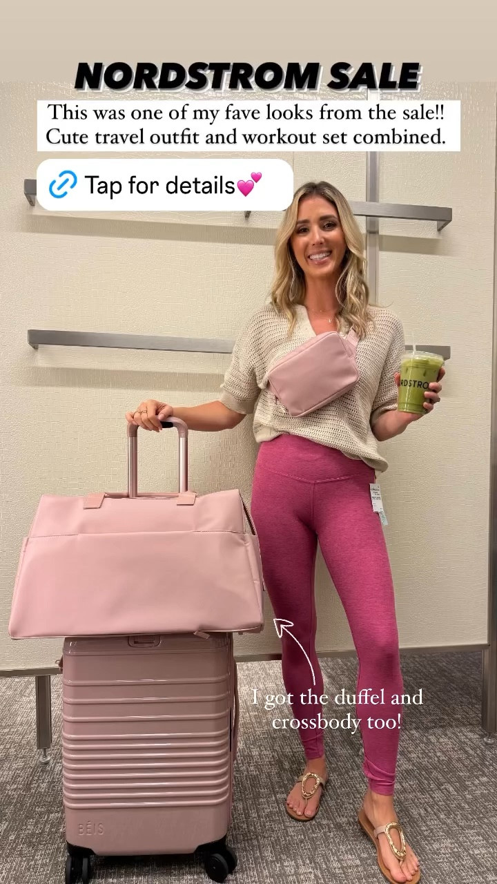Nordstrom anniversary sale must haves!! Travel suitcase, duffel bag and crossbody belt bag sell out quick. I love the pink glossy color! Pink tank (not seen) and high rise workout leggings are so soft and run tts. Knit pullover runs tts. 

#LTKFindsUnder100 #LTKxNSale #LTKFindsUnder50