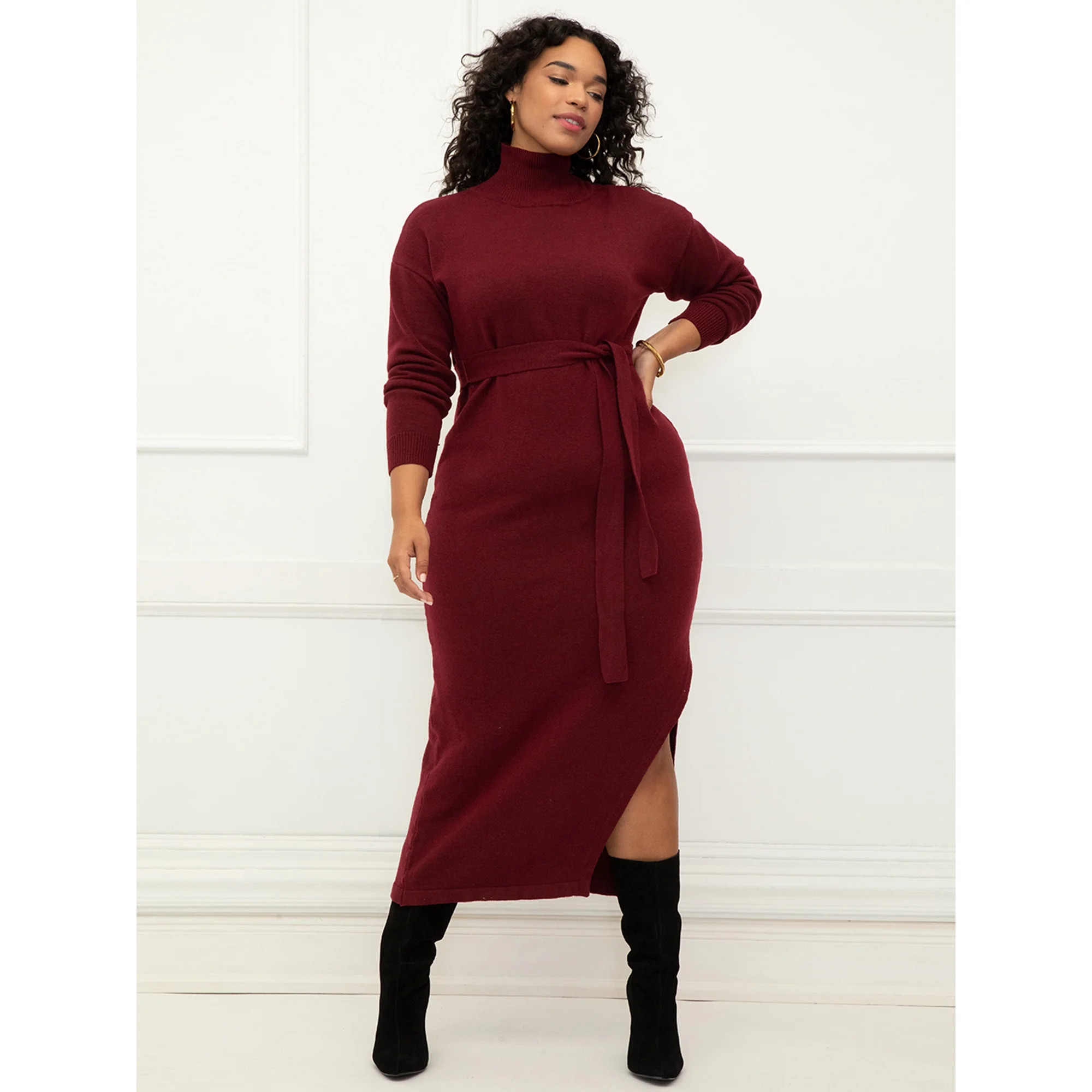 ELOQUII Elements Women's Plus Size Long Funnel Neck Sweater Dress | Walmart (US)