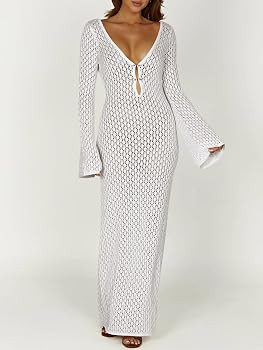 Saodimallsu Womens Crochet Maxi Cover Up Dress Beach Swim Vacation Coverups Long Sleeve Sexy Body... | Amazon (US)