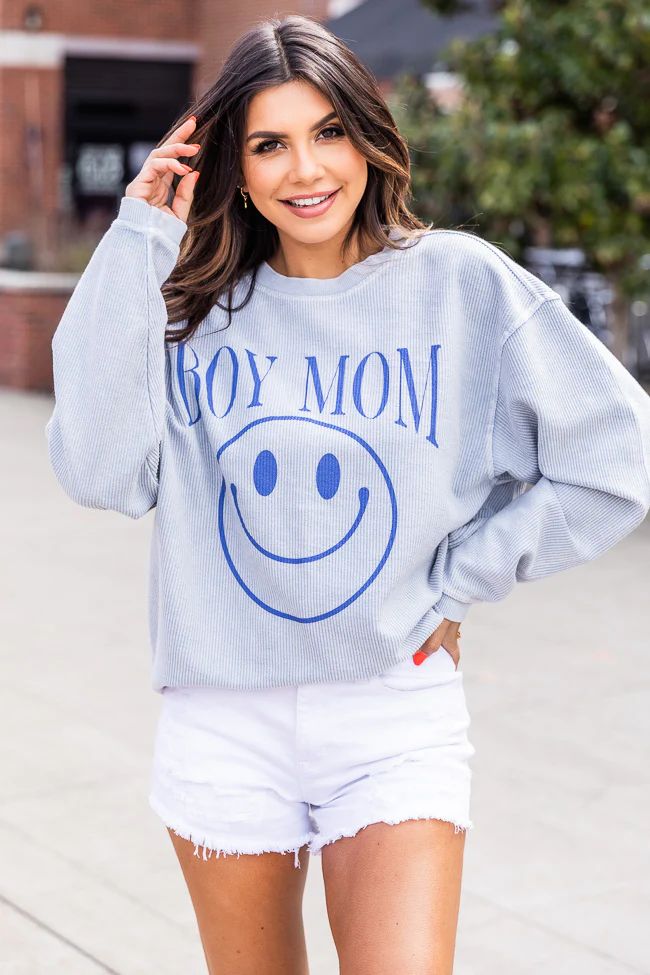 Boy Mom Smiley Faded Denim Corded Graphic Sweatshirt | Pink Lily