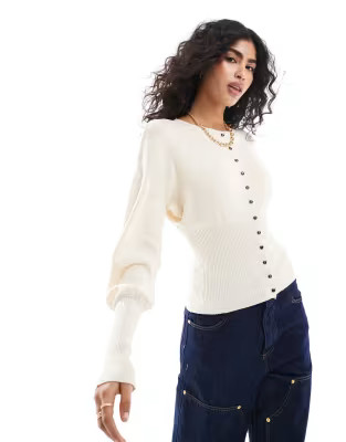 Pimkie structured ribbed detail button through deep cuff cardigan in cream | ASOS | ASOS (Global)