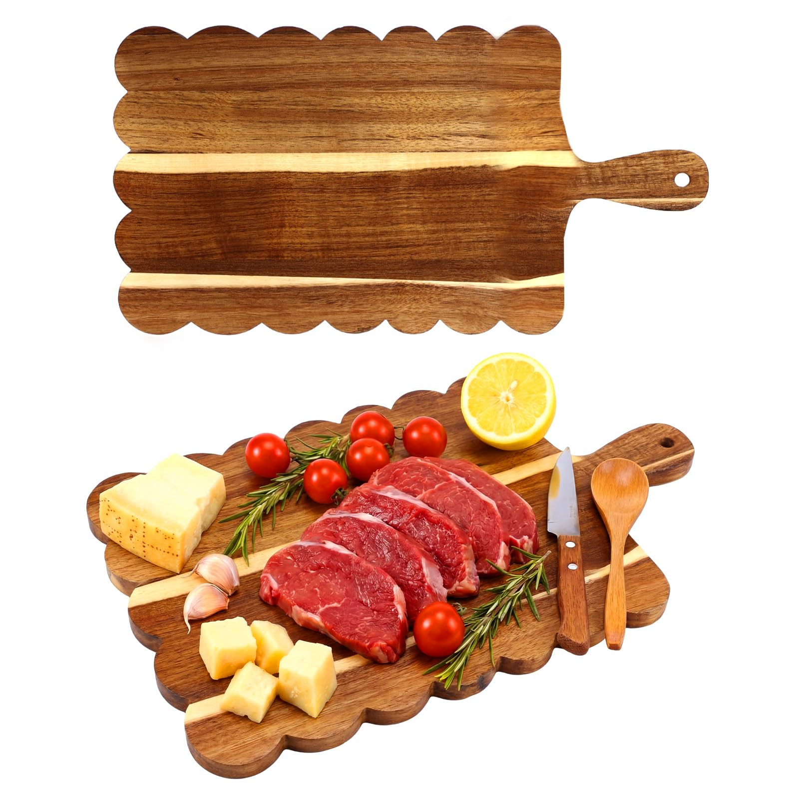 Patelai Acacia Wood Scalloped Cutting Board with Handle Personalized Charcuterie Board 17 x 10 Inch Decorative Charcuterie Trays Engraving for Kitchen Cheese Bread Vegetables Wedding Gift | Amazon (US)