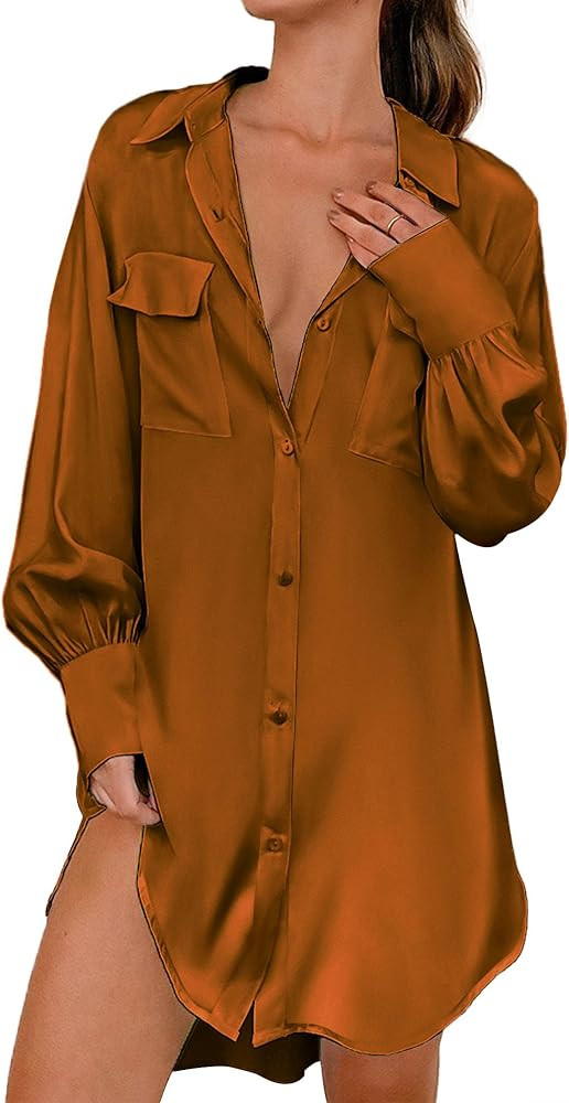 Ekouaer Women Satin Sleep Shirt Long Sleeve Nightgown Button Down Nightshirt Silk Sleepwear Soft ... | Amazon (US)