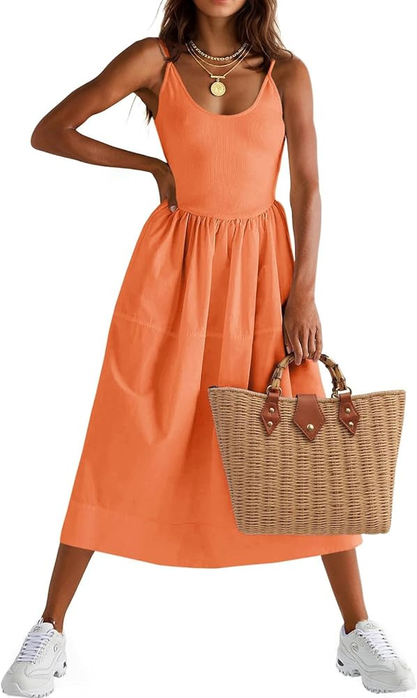 Fisoew Womens Spaghetti Strap Dress V Neck Backless Summer Casual A Line Cami Dress with Pocket | Amazon (US)