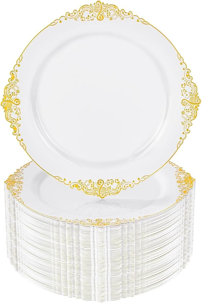 Nervure 100Pcs White and Gold Plastic Plates - 7.5inch Gold Disposable Plates - Heavyweight Plast... | Amazon (US)